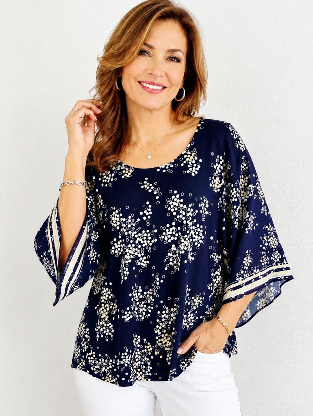 Alfani Navy, White & Yellow Dotted Bell-Sleeve Blouse, Size XL